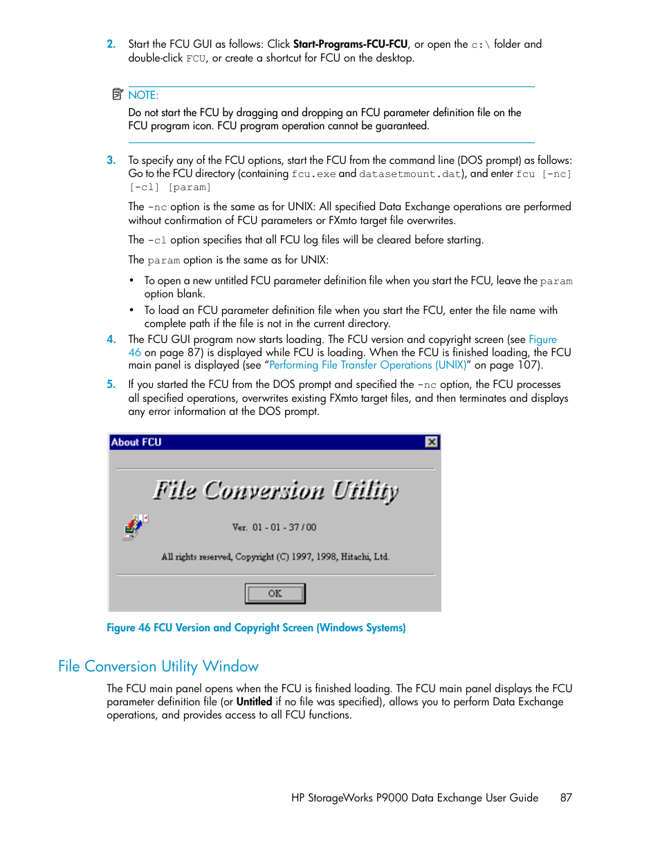 File conversion utility window, Fcu version and copyright screen (windows systems) | HP XP P9500 Storage User Manual | Page 87 / 182