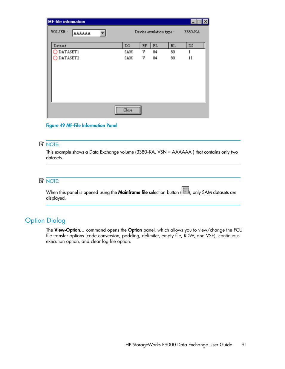 Option dialog, Mf-file information panel | HP XP P9500 Storage User Manual | Page 91 / 182