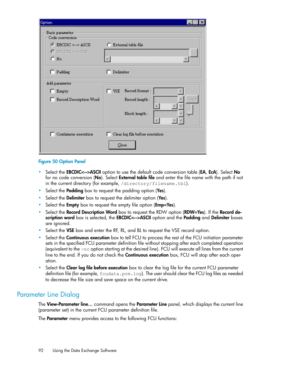Parameter line dialog, Option panel | HP XP P9500 Storage User Manual | Page 92 / 182