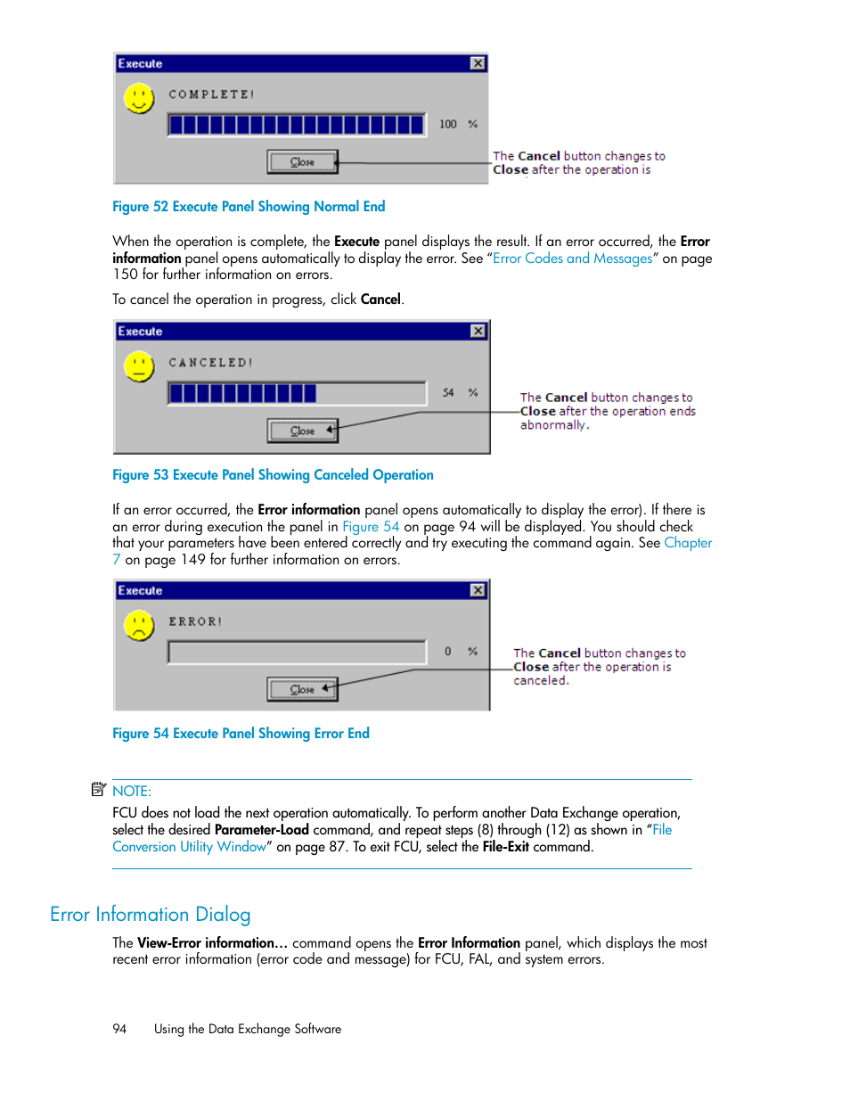 Error information dialog, Execute panel showing normal end, Execute panel showing canceled operation | Execute panel showing error end | HP XP P9500 Storage User Manual | Page 94 / 182