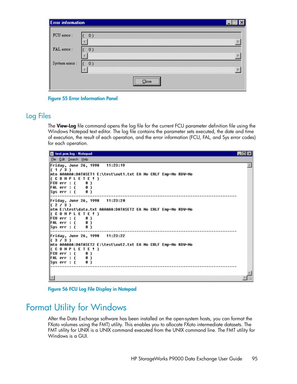 Log files, Format utility for windows, Error information panel | Fcu log file display in notepad | HP XP P9500 Storage User Manual | Page 95 / 182