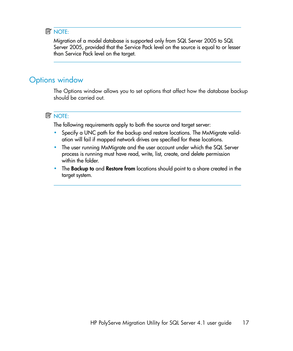 Options window | HP PolyServe Software User Manual | Page 17 / 27