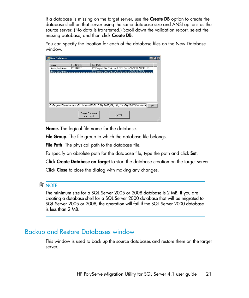 Backup and restore databases window | HP PolyServe Software User Manual | Page 21 / 27