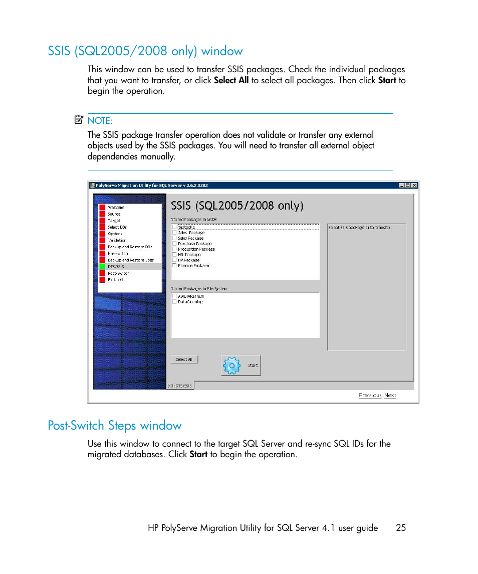 Ssis (sql2005/2008 only) window, Post-switch steps window, 25 post-switch steps window | HP PolyServe Software User Manual | Page 25 / 27