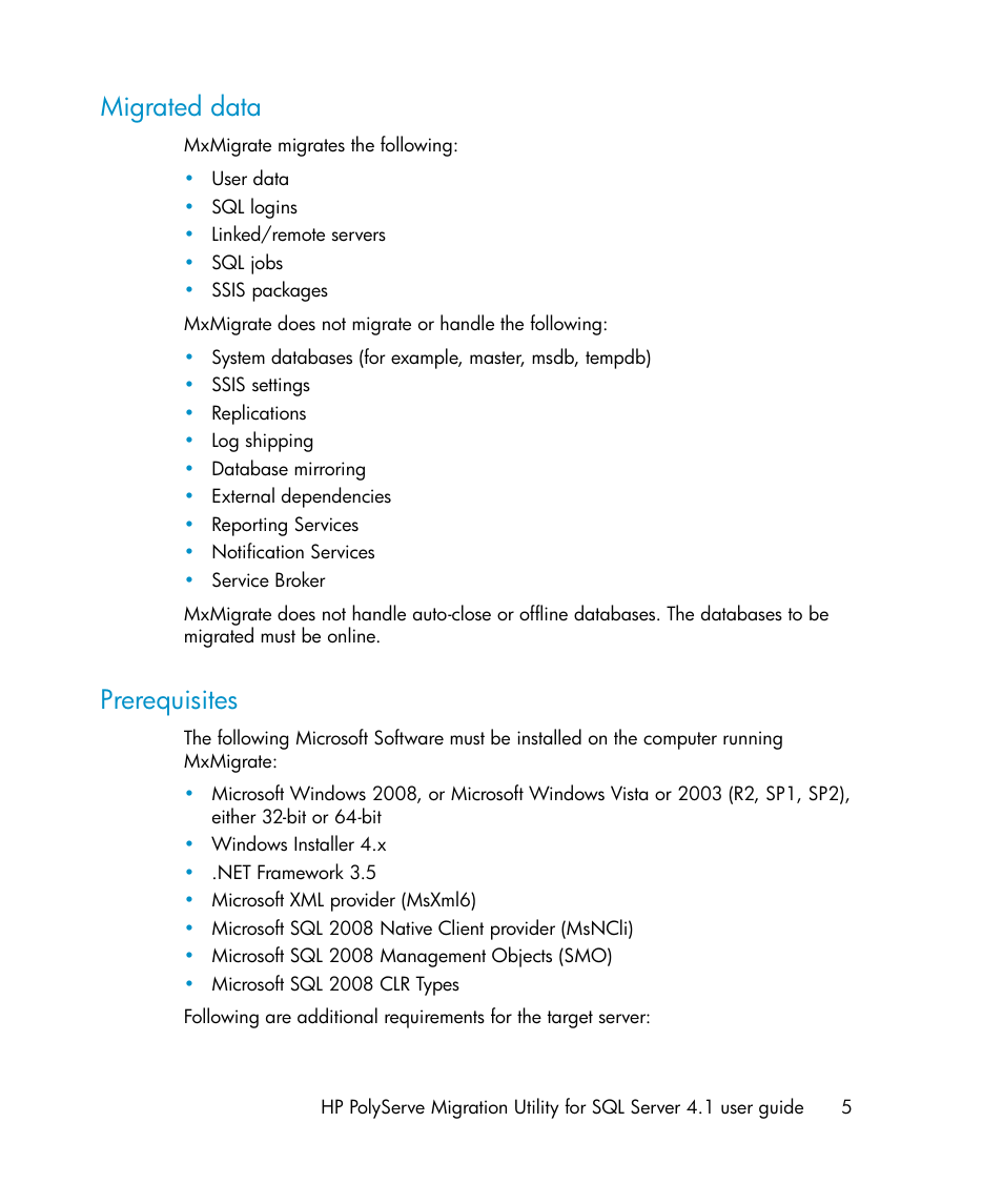Migrated data, Prerequisites, 5 prerequisites | HP PolyServe Software User Manual | Page 5 / 27