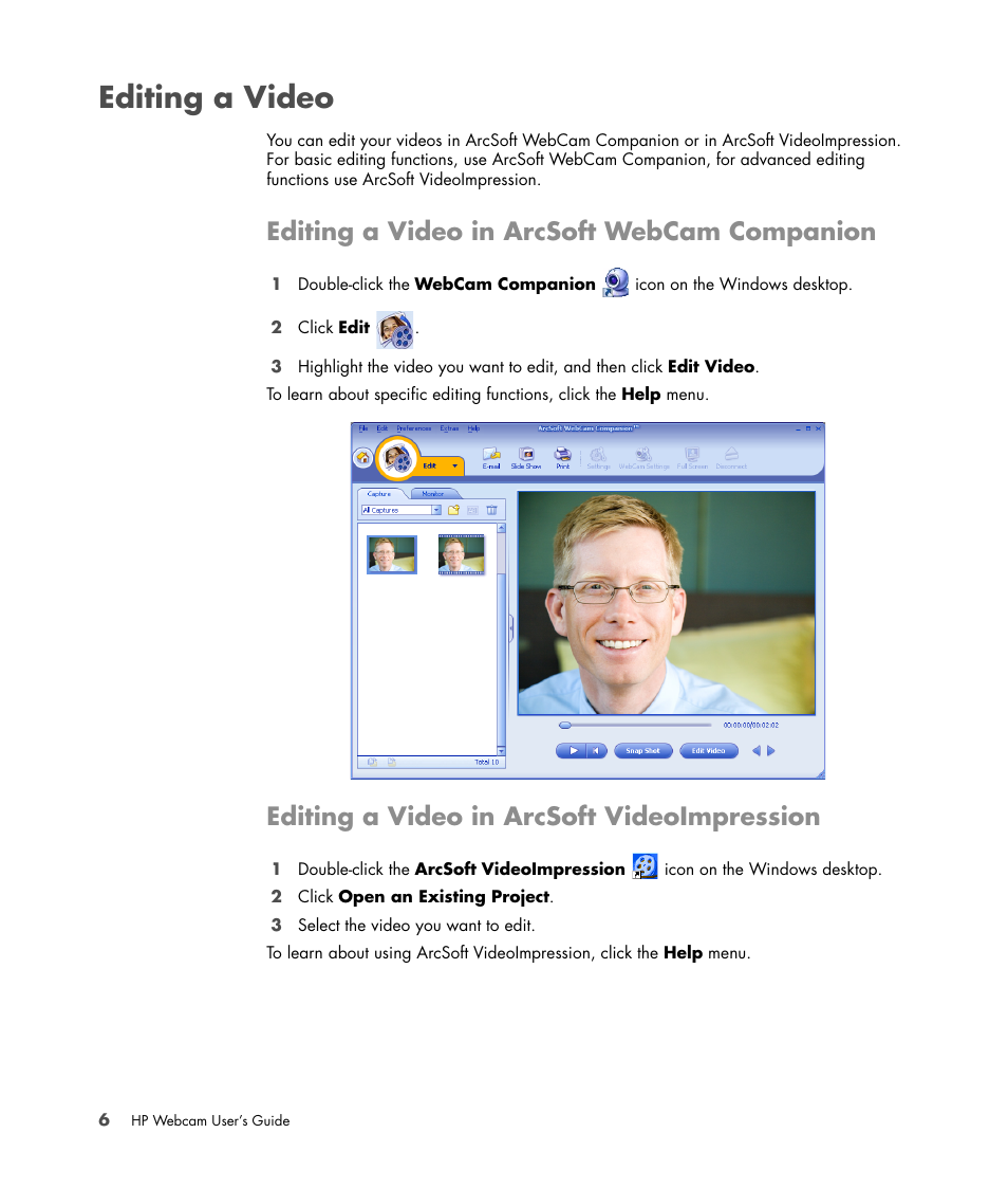 Editing a video, Editing a video in arcsoft webcam companion, Editing a video in arcsoft videoimpression | HP Premium Autofocus Webcam User Manual | Page 10 / 20