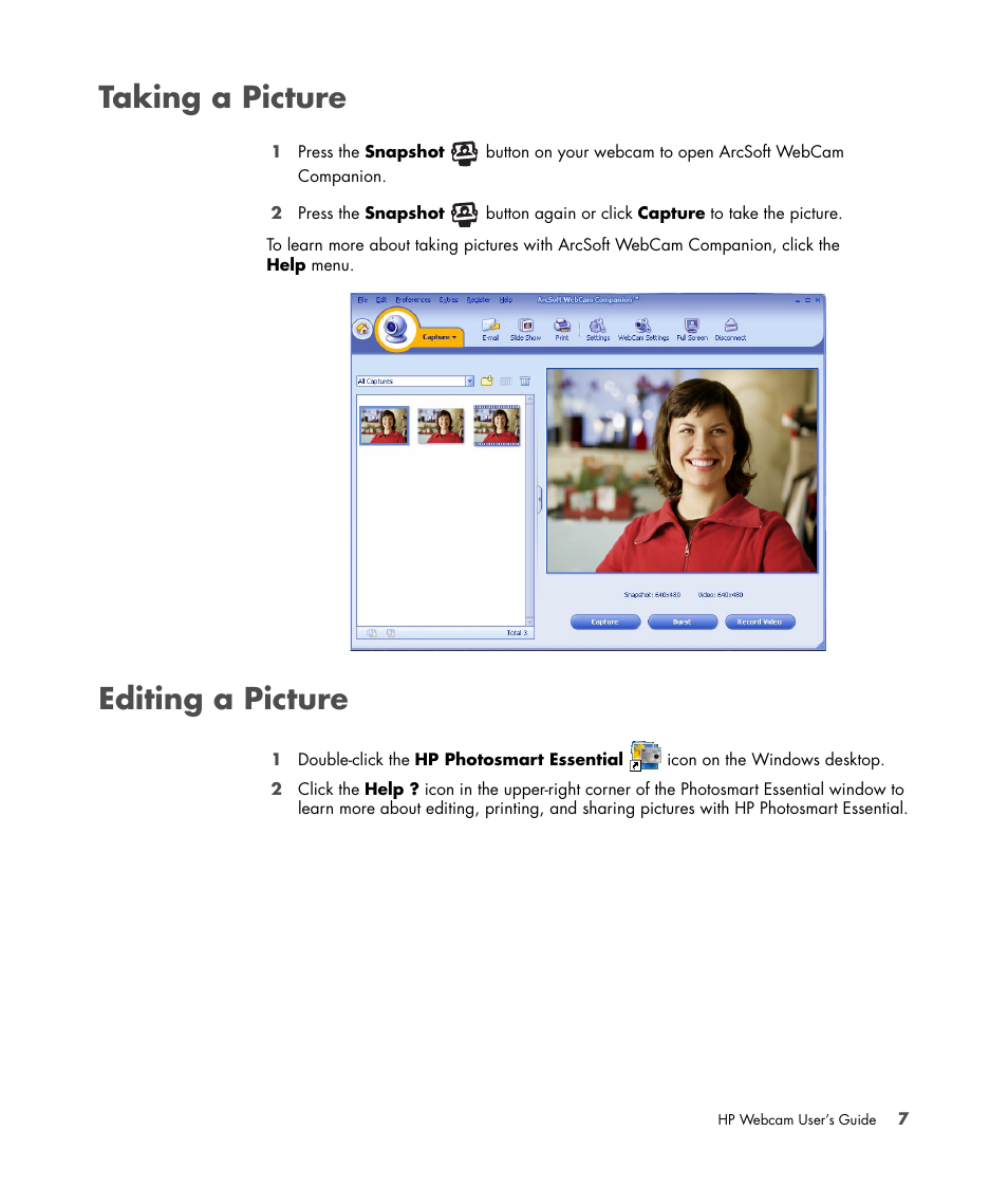 Taking a picture, Editing a picture, Taking a picture editing a picture | HP Premium Autofocus Webcam User Manual | Page 11 / 20
