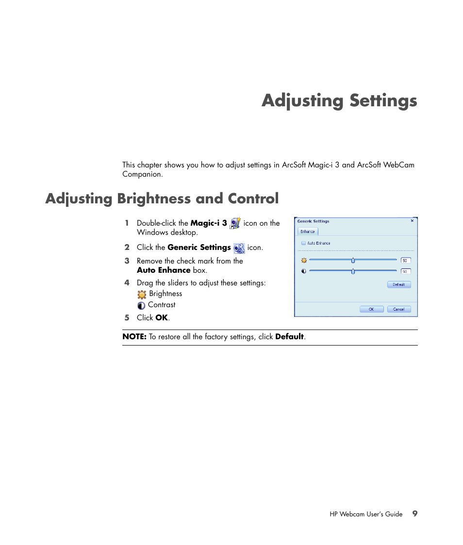 Adjusting settings, Adjusting brightness and control | HP Premium Autofocus Webcam User Manual | Page 13 / 20