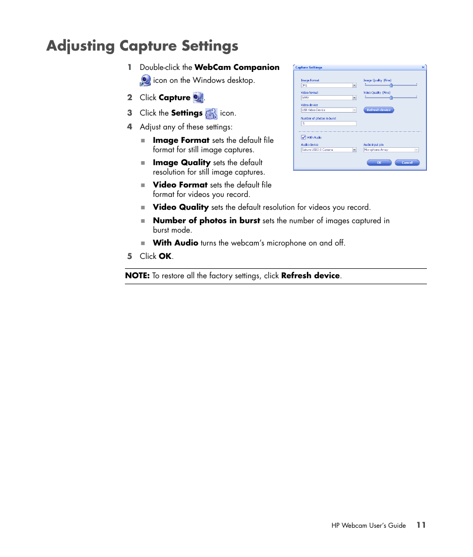 Adjusting capture settings | HP Premium Autofocus Webcam User Manual | Page 15 / 20