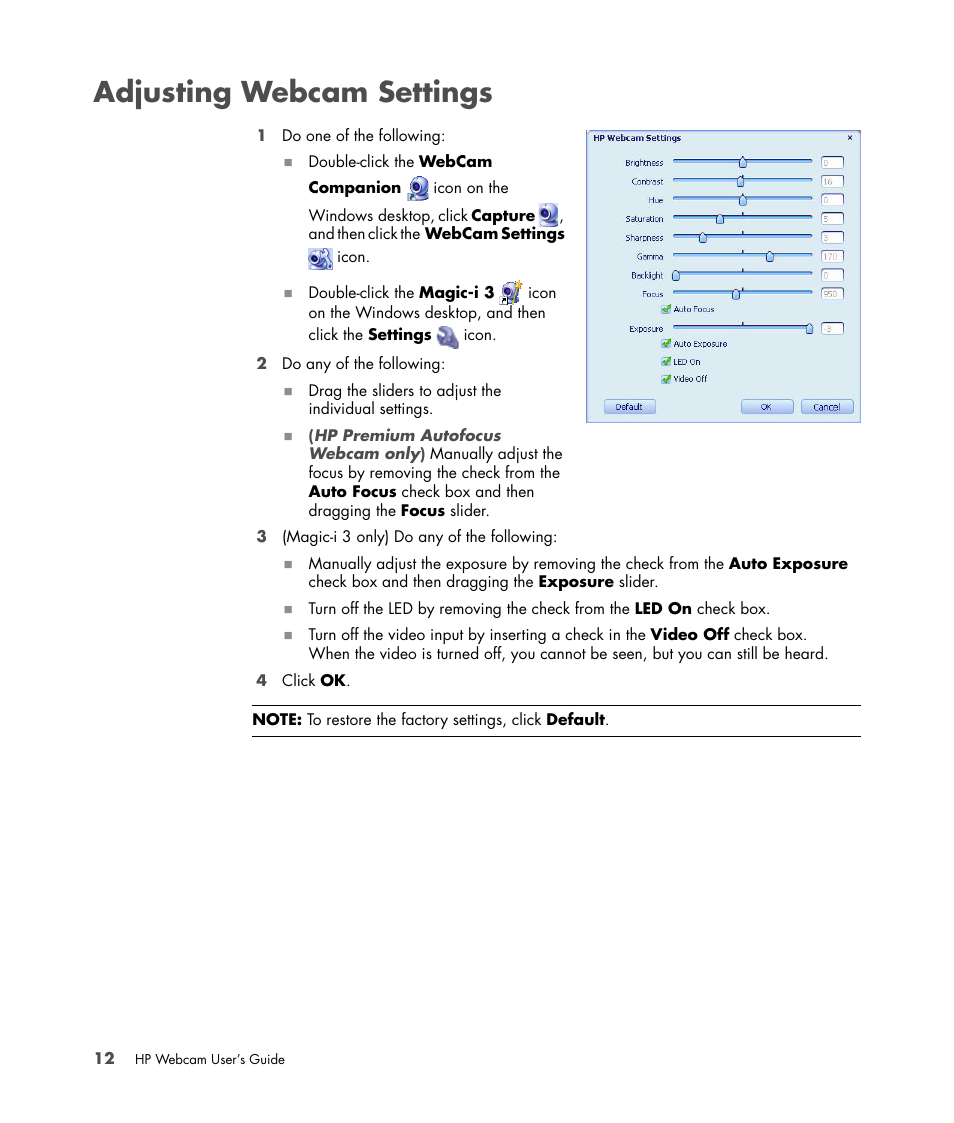 Adjusting webcam settings | HP Premium Autofocus Webcam User Manual | Page 16 / 20