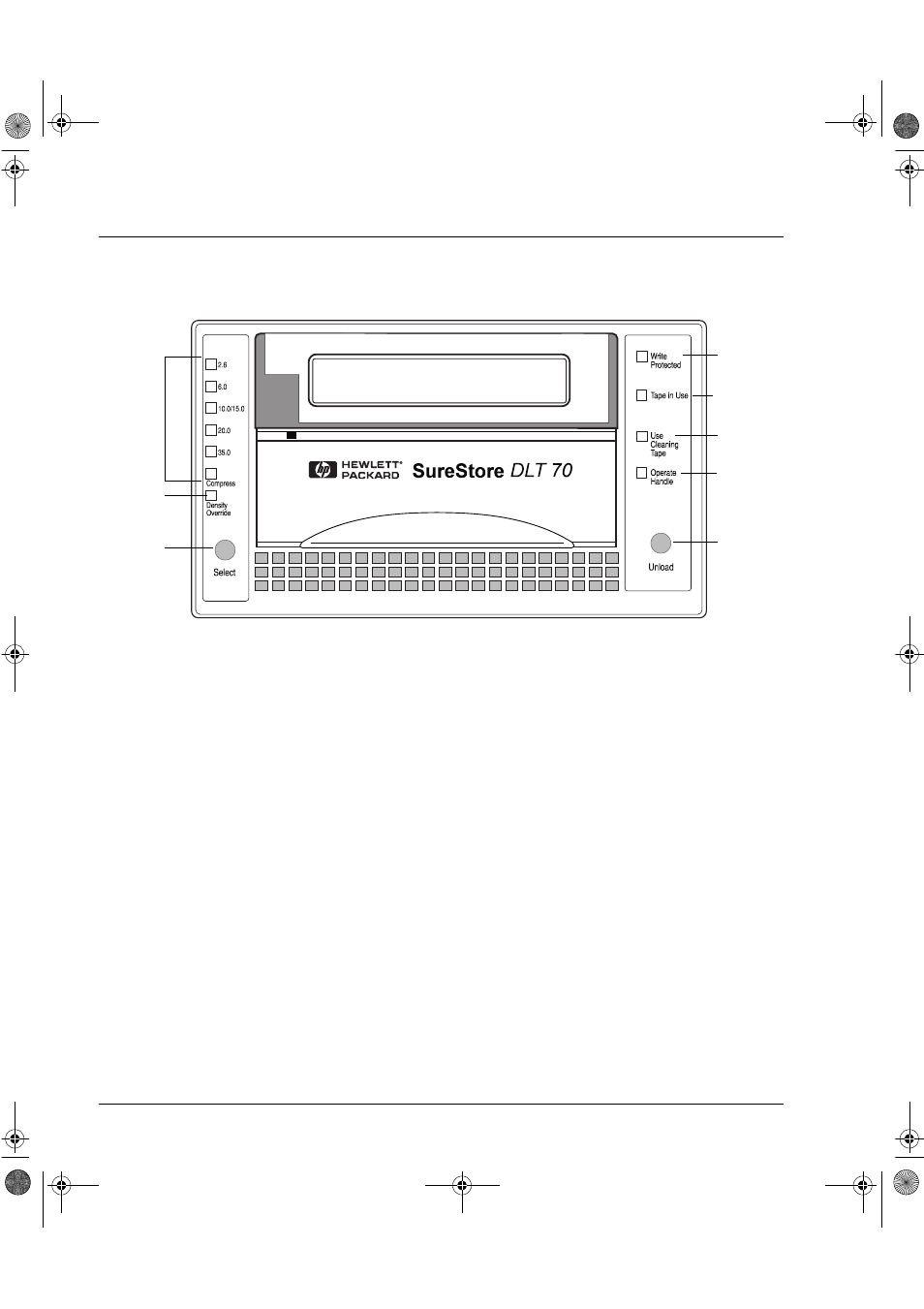 Front panel (hpsurestoredlt70), Front panel (hp surestore dlt 70) | HP Surestore DLT 80 Tape Drive User Manual | Page 35 / 93