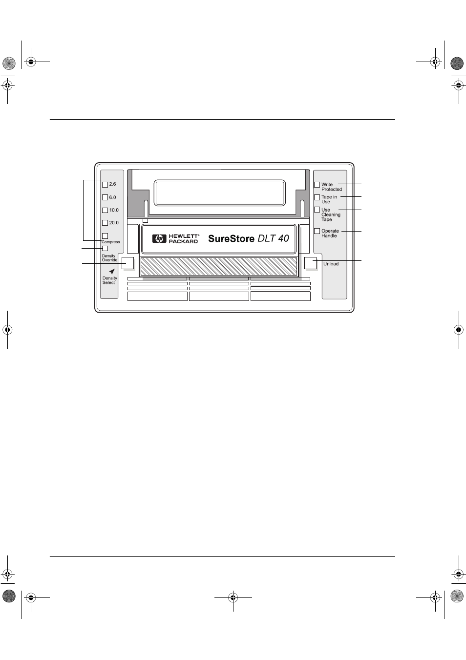 Front panel (hpsurestoredlt40), Front panel (hp surestore dlt 40) | HP Surestore DLT 80 Tape Drive User Manual | Page 37 / 93