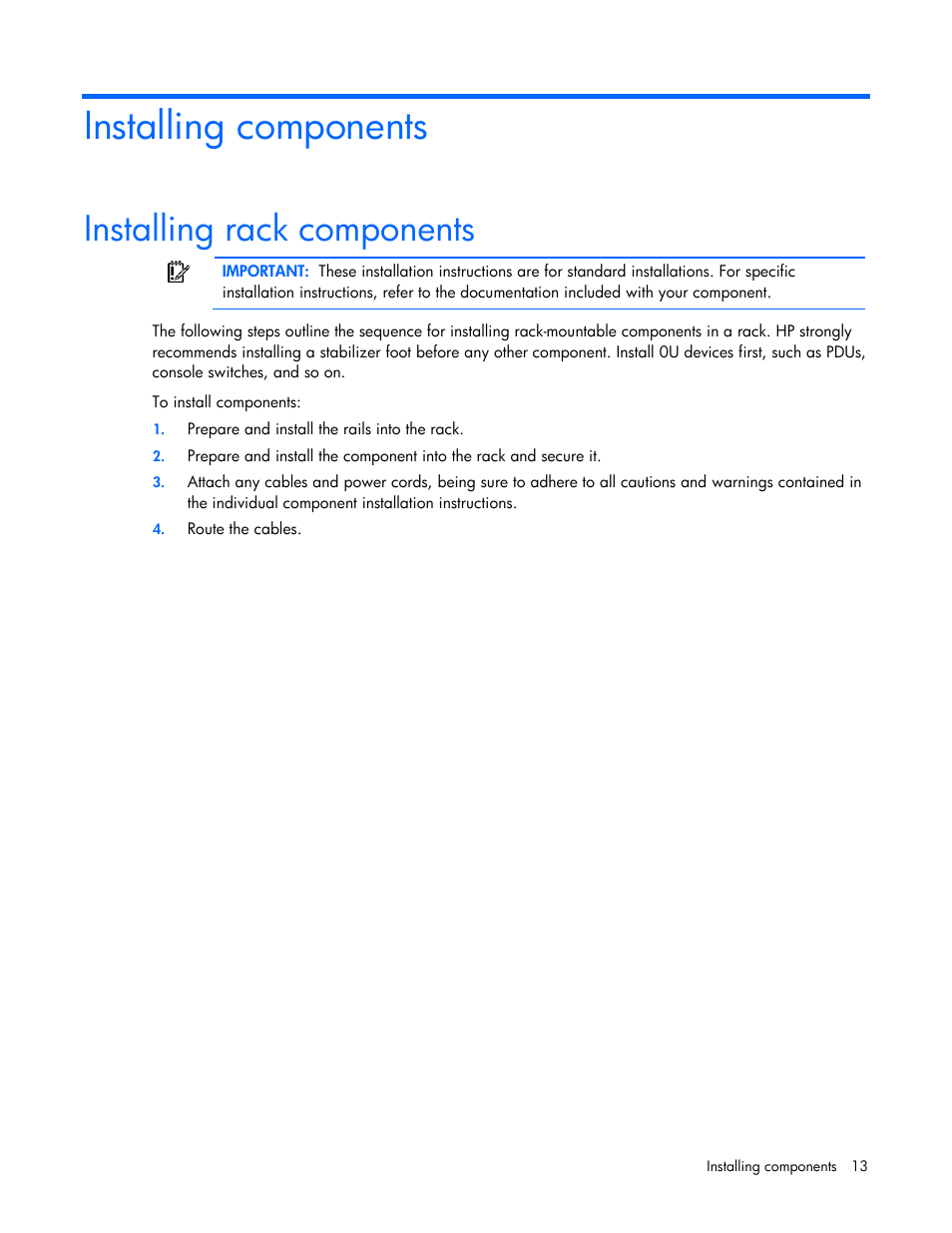 Installing components, Installing rack components | HP Rack Baying Kits User Manual | Page 13 / 19