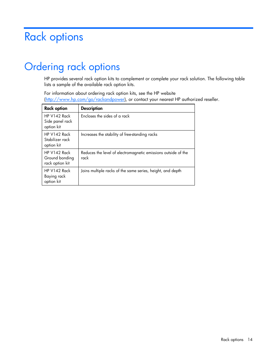 Rack options, Ordering rack options | HP Rack Baying Kits User Manual | Page 14 / 19