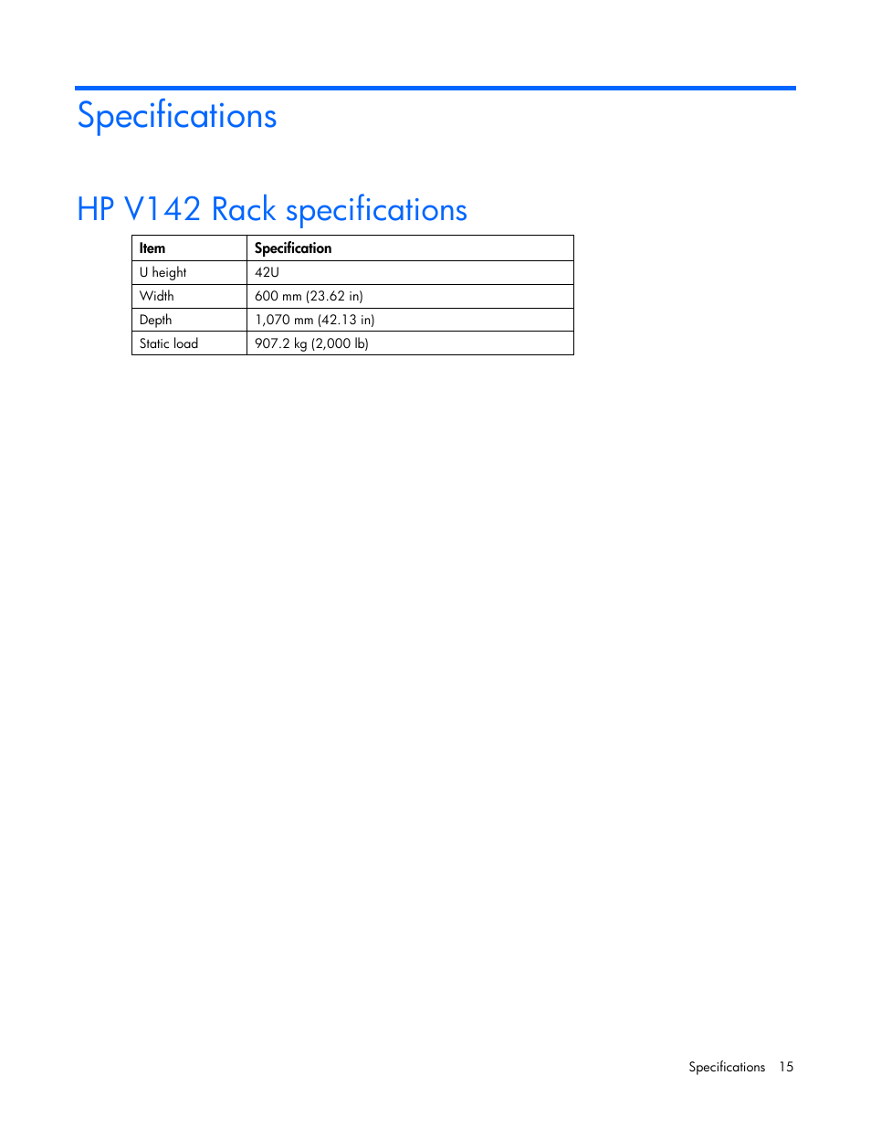 Specifications, Hp v142 rack specifications | HP Rack Baying Kits User Manual | Page 15 / 19