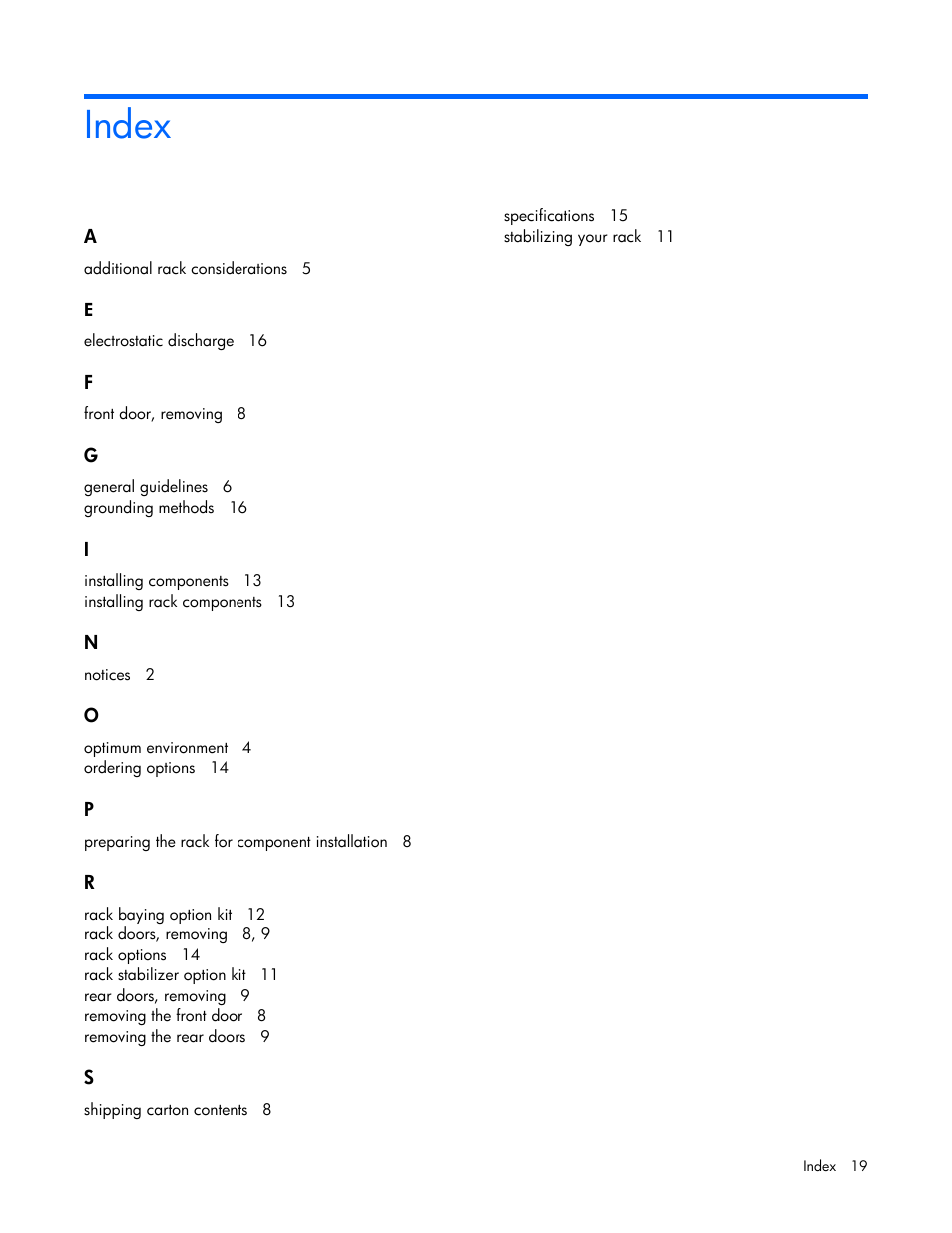 Index | HP Rack Baying Kits User Manual | Page 19 / 19