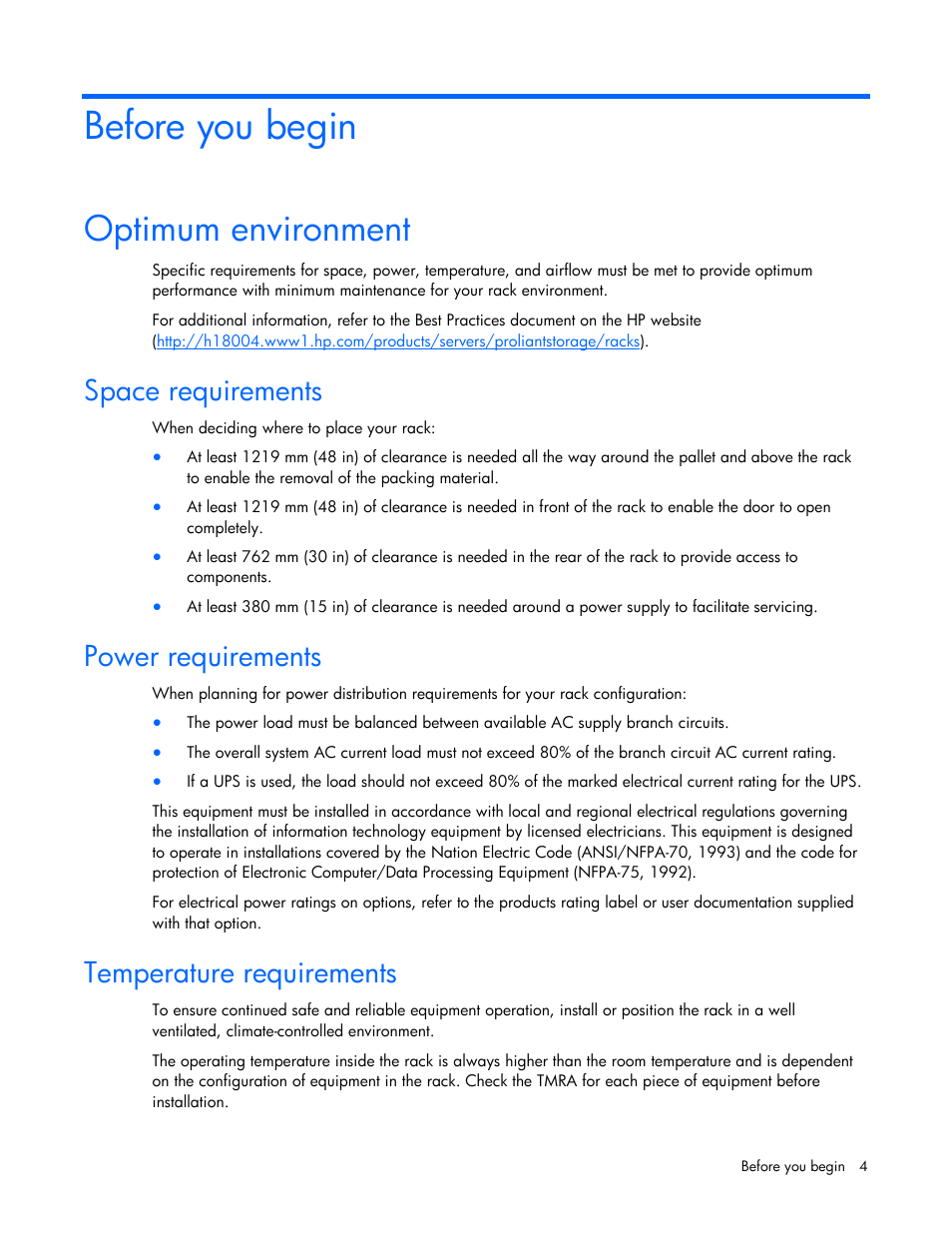 Before you begin, Optimum environment, Space requirements | Power requirements, Temperature requirements | HP Rack Baying Kits User Manual | Page 4 / 19