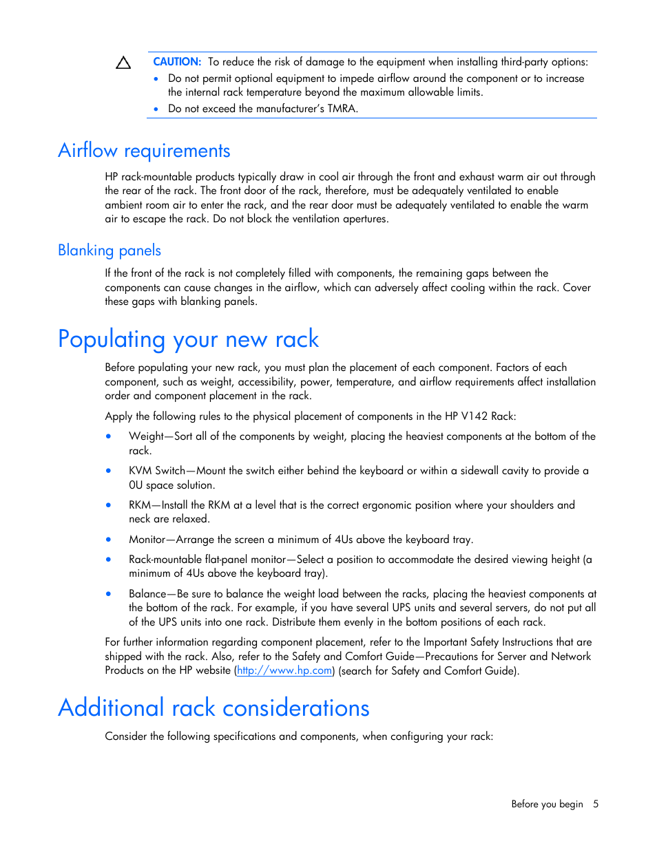 Airflow requirements, Blanking panels, Populating your new rack | Additional rack considerations | HP Rack Baying Kits User Manual | Page 5 / 19