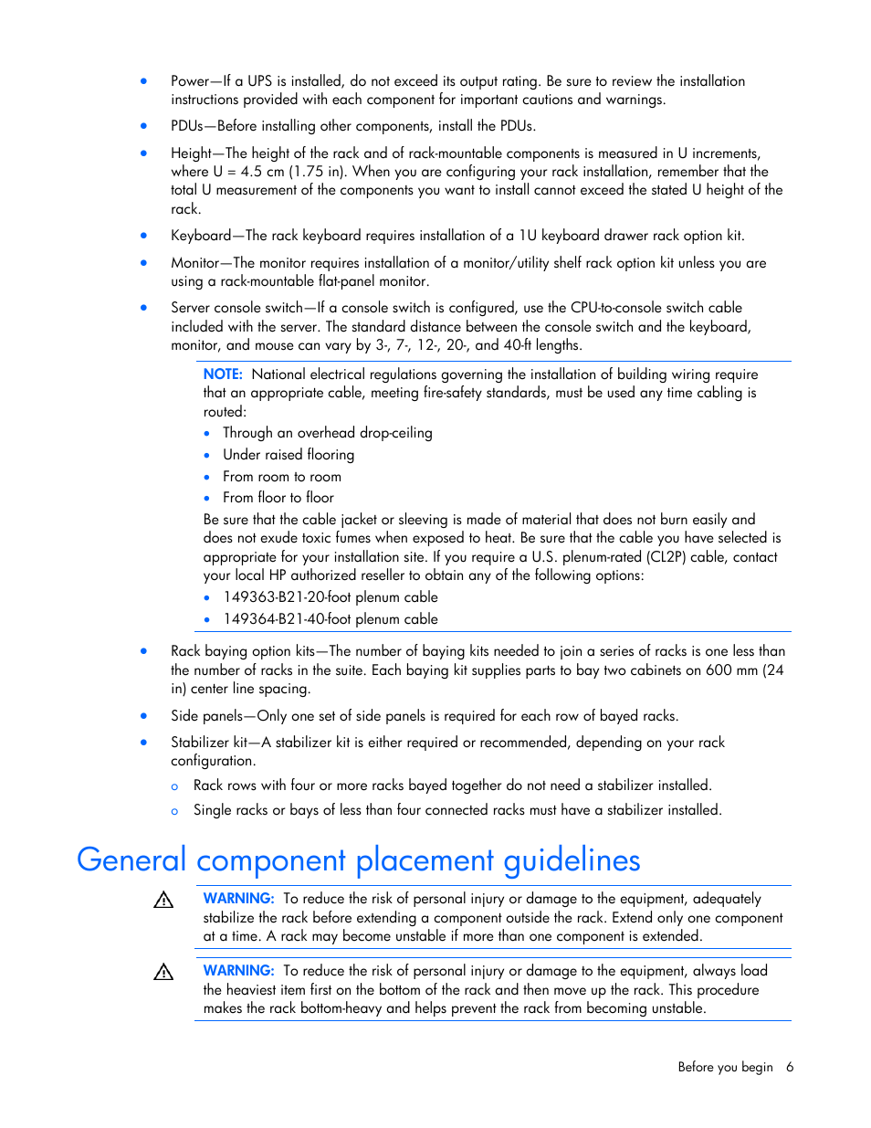 General component placement guidelines | HP Rack Baying Kits User Manual | Page 6 / 19
