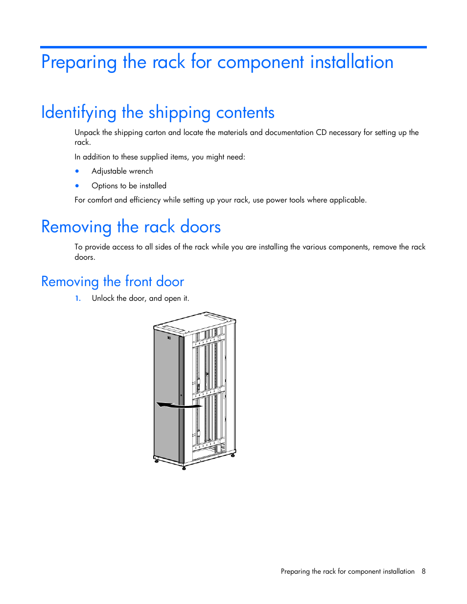 Preparing the rack for component installation, Identifying the shipping contents, Removing the rack doors | Removing the front door | HP Rack Baying Kits User Manual | Page 8 / 19