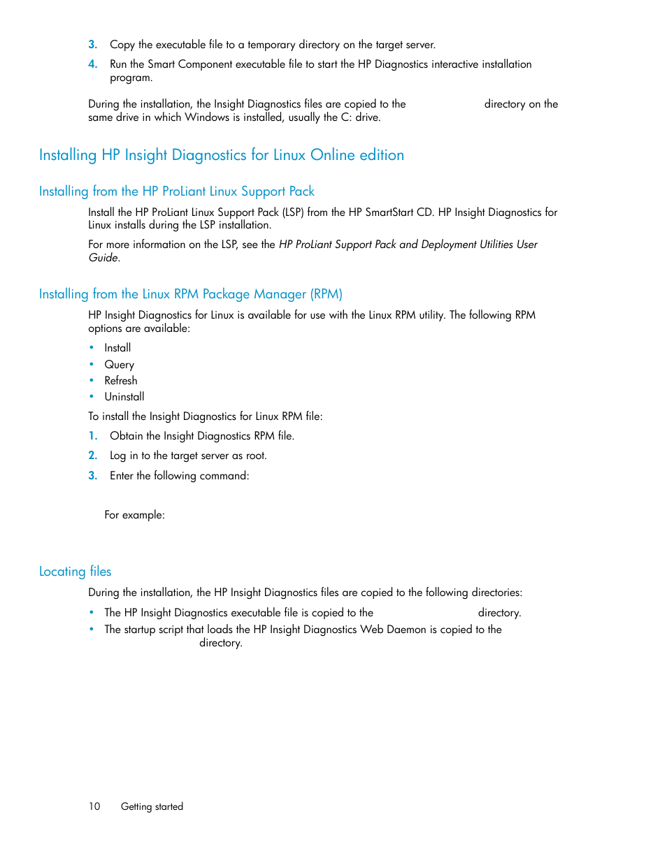 Installing from the hp proliant linux support pack, Locating files, 10 locating files | HP Insight Diagnostics Software User Manual | Page 10 / 44