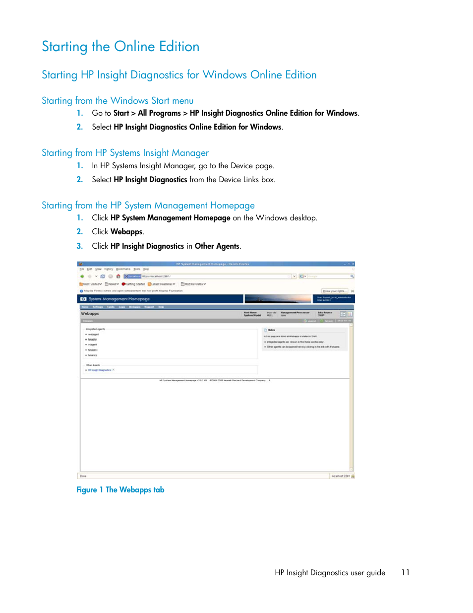 Starting the online edition, Starting from the windows start menu, Starting from hp systems insight manager | 11 starting from hp systems insight manager, The webapps tab | HP Insight Diagnostics Software User Manual | Page 11 / 44