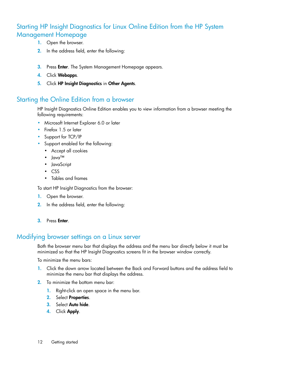 Starting the online edition from a browser, Modifying browser settings on a linux server, 12 starting the online edition from a browser | 12 modifying browser settings on a linux server | HP Insight Diagnostics Software User Manual | Page 12 / 44