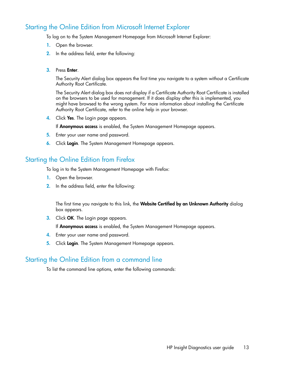 Starting the online edition from firefox, Starting the online edition from a command line, 13 starting the online edition from firefox | 13 starting the online edition from a command line | HP Insight Diagnostics Software User Manual | Page 13 / 44