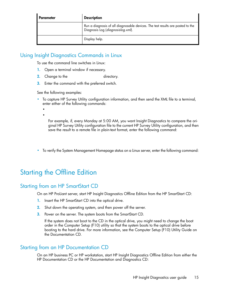 Using insight diagnostics commands in linux, Starting the offline edition, Starting from an hp smartstart cd | Starting from an hp documentation cd, 15 starting from an hp documentation cd | HP Insight Diagnostics Software User Manual | Page 15 / 44