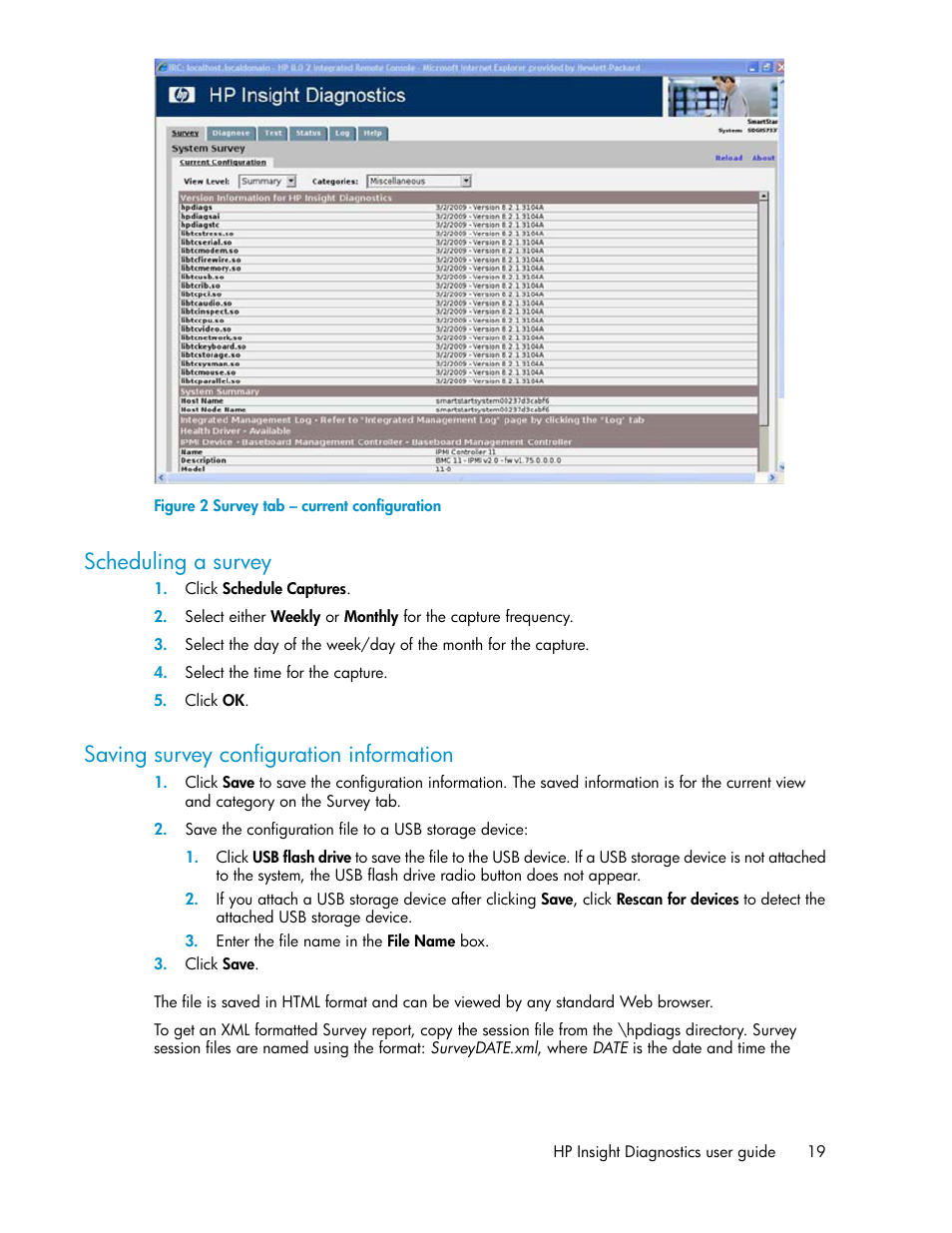 Scheduling a survey, Saving survey configuration information, 19 saving survey configuration information | Survey tab – current configuration | HP Insight Diagnostics Software User Manual | Page 19 / 44