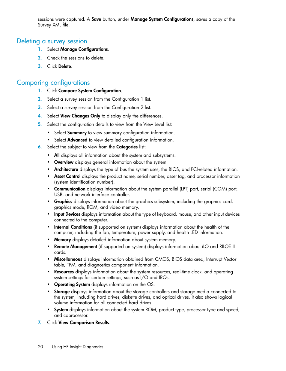 Deleting a survey session, Comparing configurations, 20 comparing configurations | HP Insight Diagnostics Software User Manual | Page 20 / 44