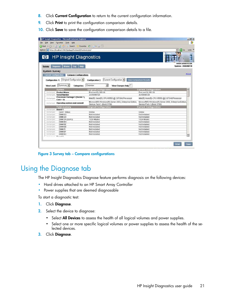 Using the diagnose tab, Survey tab – compare configurations | HP Insight Diagnostics Software User Manual | Page 21 / 44