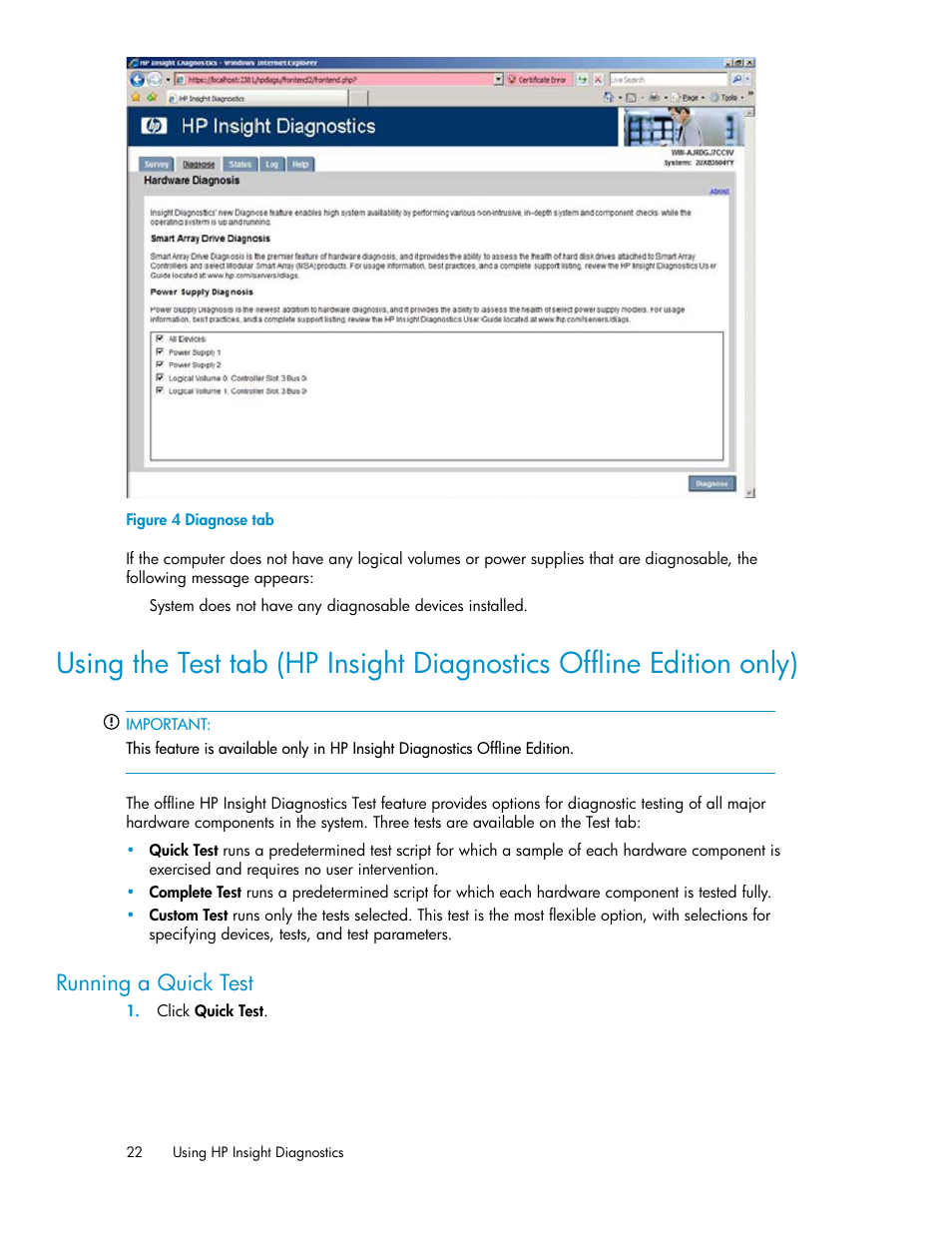 Running a quick test, Diagnose tab | HP Insight Diagnostics Software User Manual | Page 22 / 44