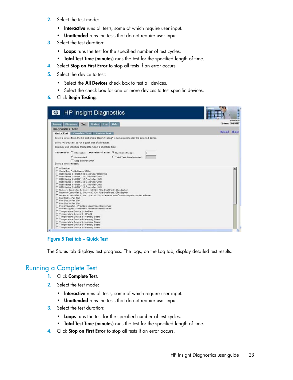 Running a complete test, Test tab – quick test | HP Insight Diagnostics Software User Manual | Page 23 / 44