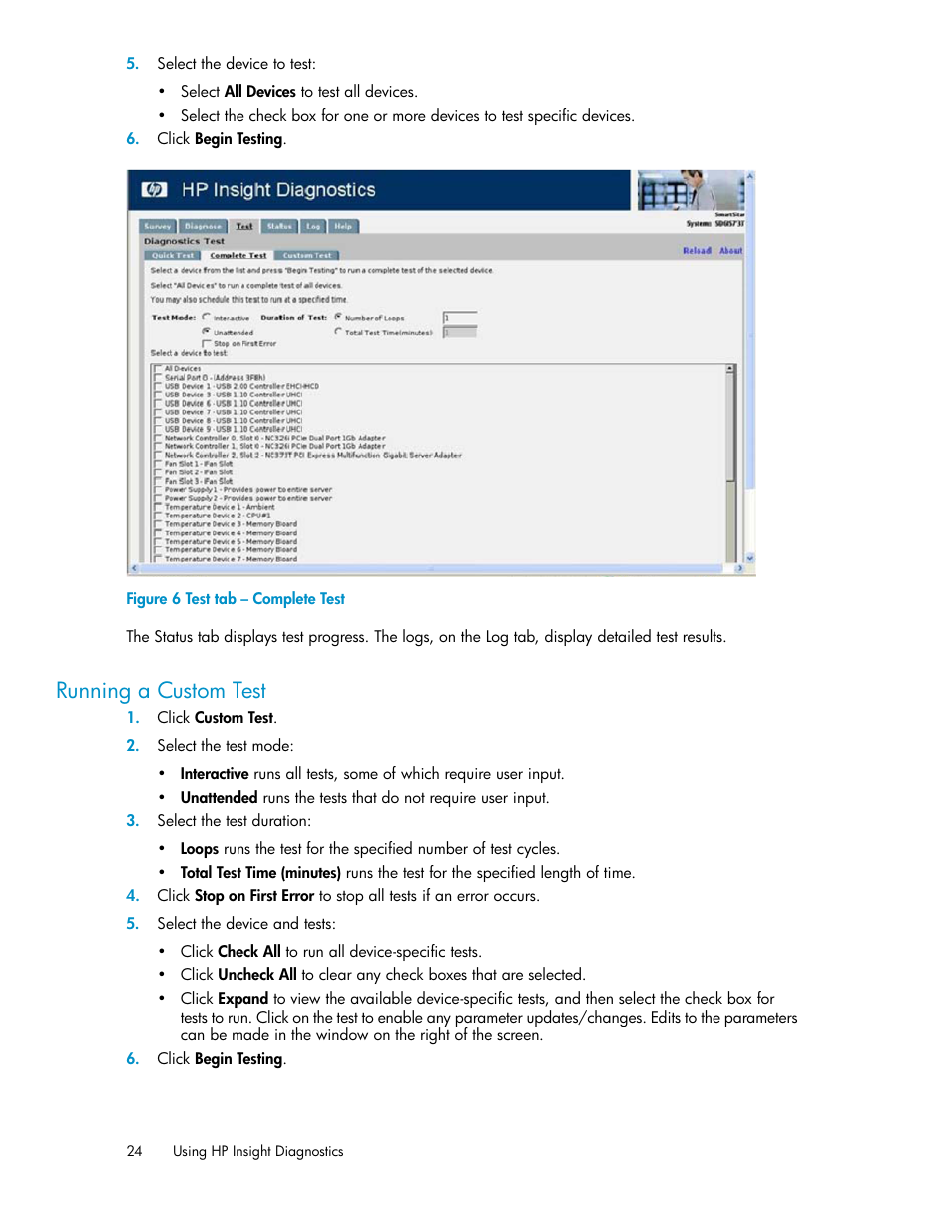 Running a custom test, Test tab – complete test | HP Insight Diagnostics Software User Manual | Page 24 / 44