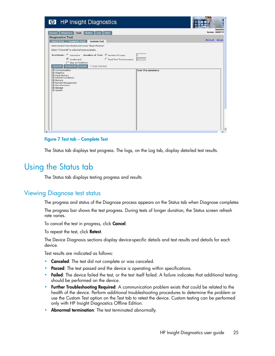 Using the status tab, Viewing diagnose test status, Test tab – complete test | HP Insight Diagnostics Software User Manual | Page 25 / 44