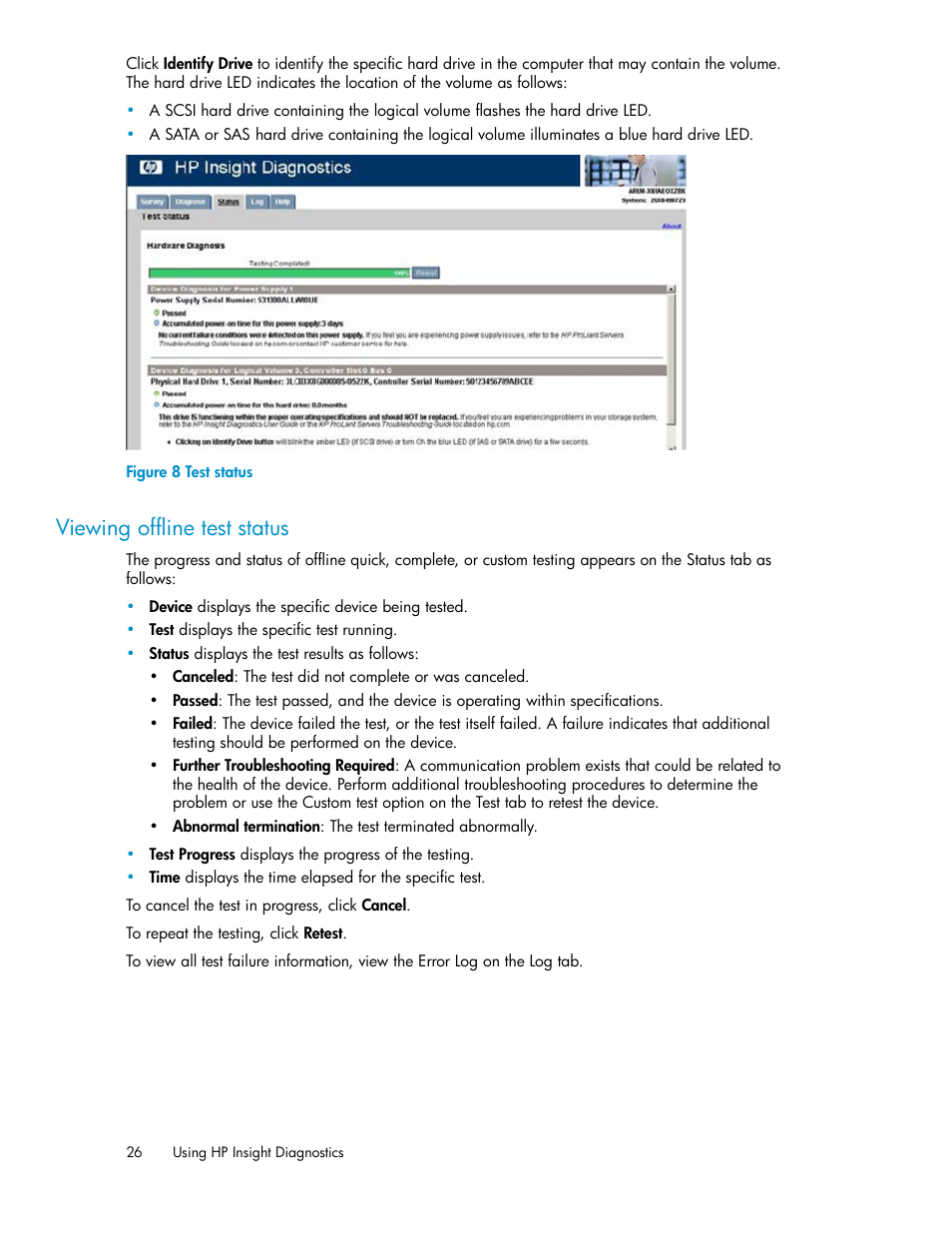 Viewing offline test status, Test status | HP Insight Diagnostics Software User Manual | Page 26 / 44