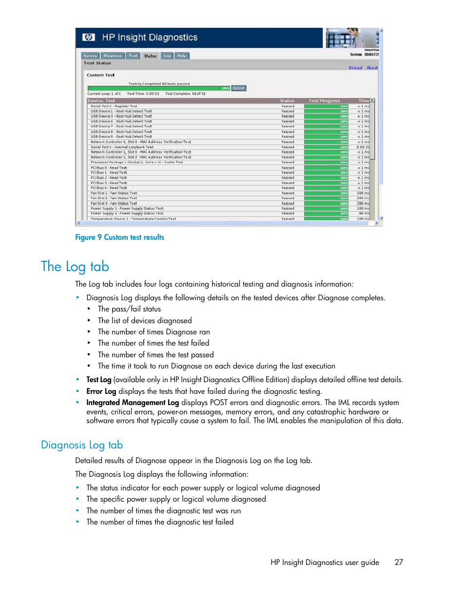 The log tab, Diagnosis log tab, Custom test results | HP Insight Diagnostics Software User Manual | Page 27 / 44