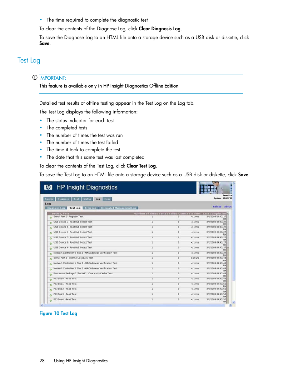 Test log | HP Insight Diagnostics Software User Manual | Page 28 / 44