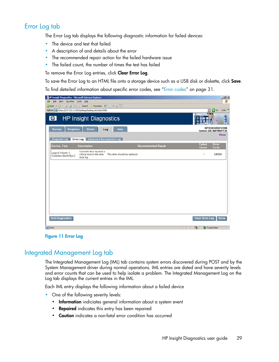 Error log tab, Integrated management log tab, 29 integrated management log tab | Error log | HP Insight Diagnostics Software User Manual | Page 29 / 44