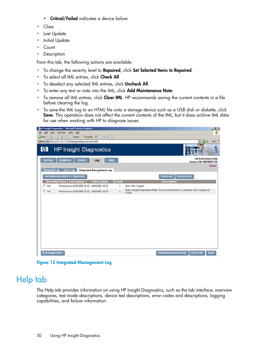 Help tab, Integrated management log | HP Insight Diagnostics Software User Manual | Page 30 / 44