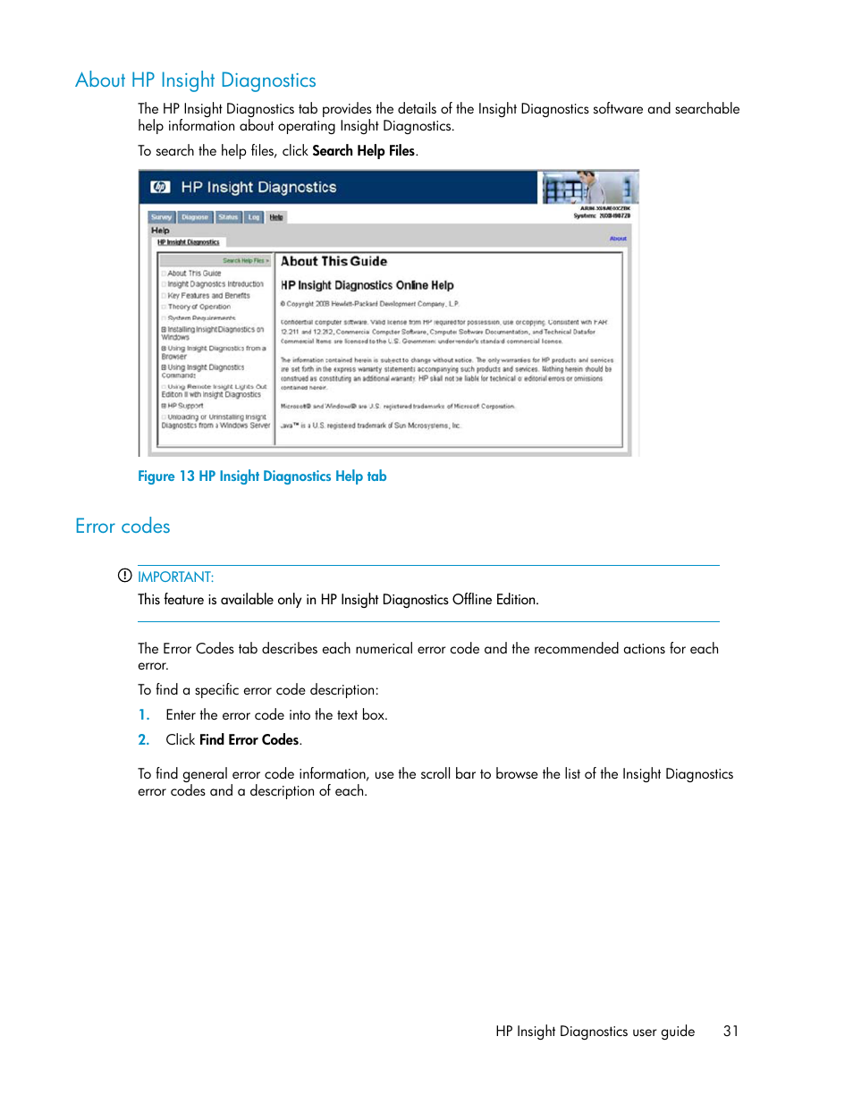 About hp insight diagnostics, Error codes, 31 error codes | Hp insight diagnostics help tab | HP Insight Diagnostics Software User Manual | Page 31 / 44