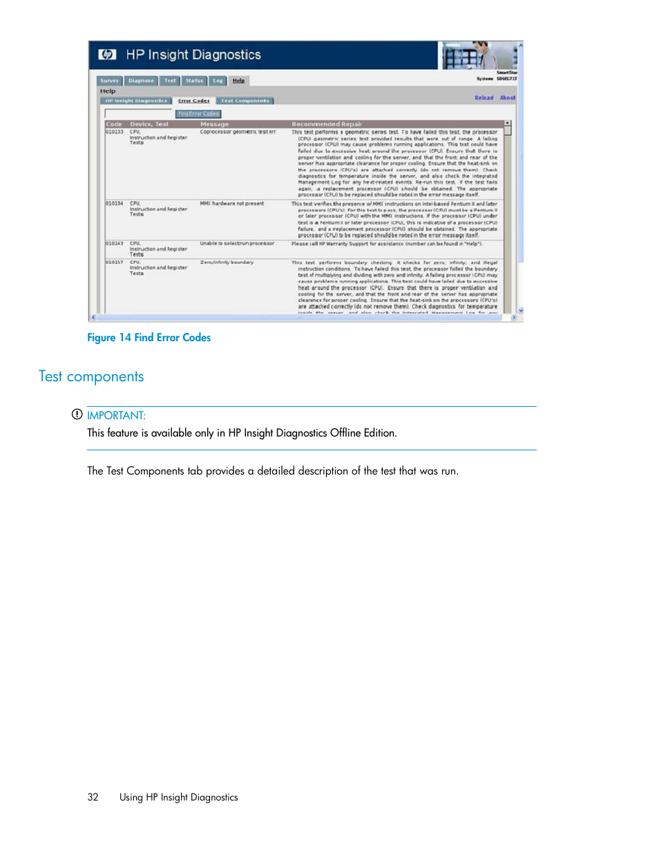 Test components, Find error codes | HP Insight Diagnostics Software User Manual | Page 32 / 44