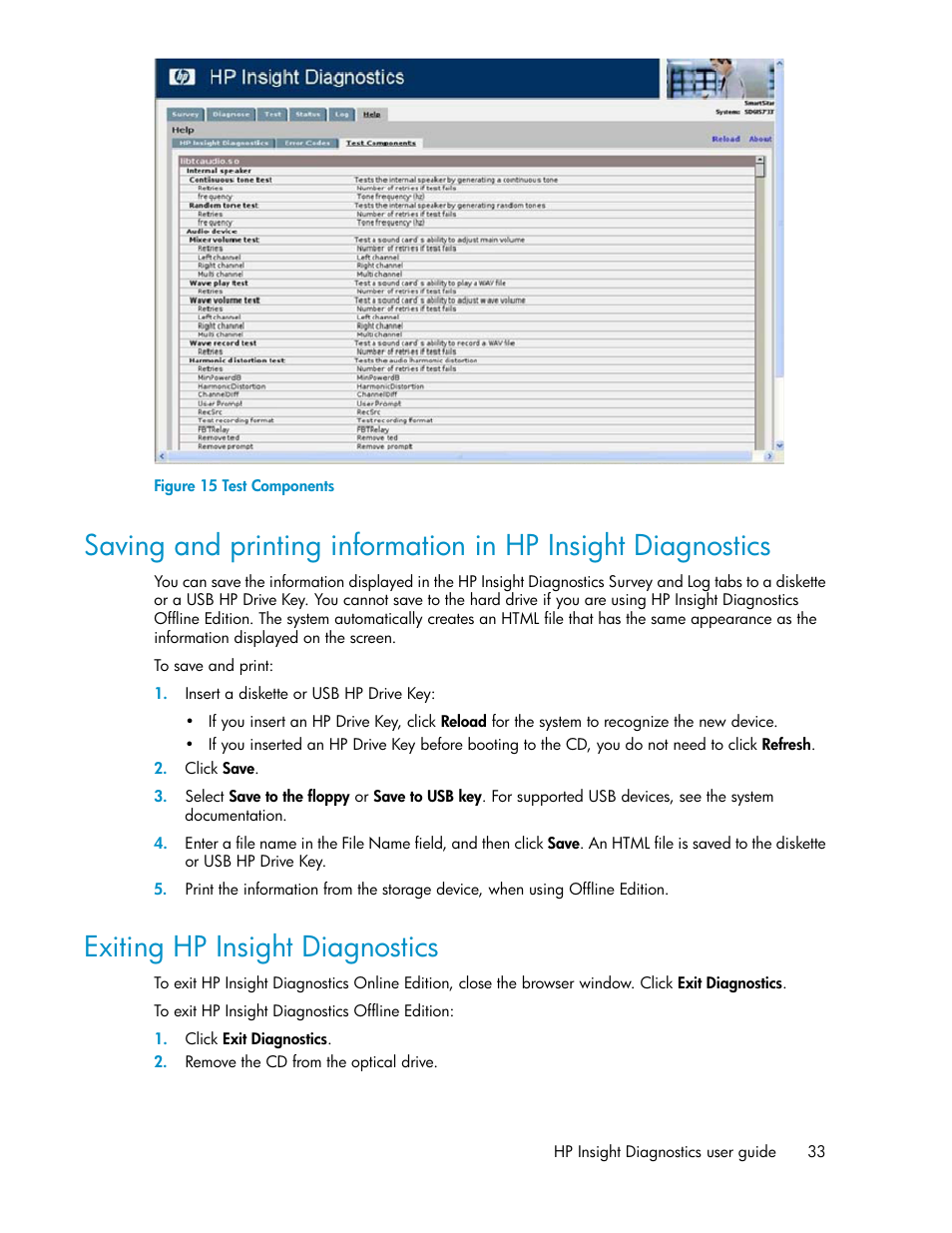 Exiting hp insight diagnostics, 33 exiting hp insight diagnostics, Test components | HP Insight Diagnostics Software User Manual | Page 33 / 44