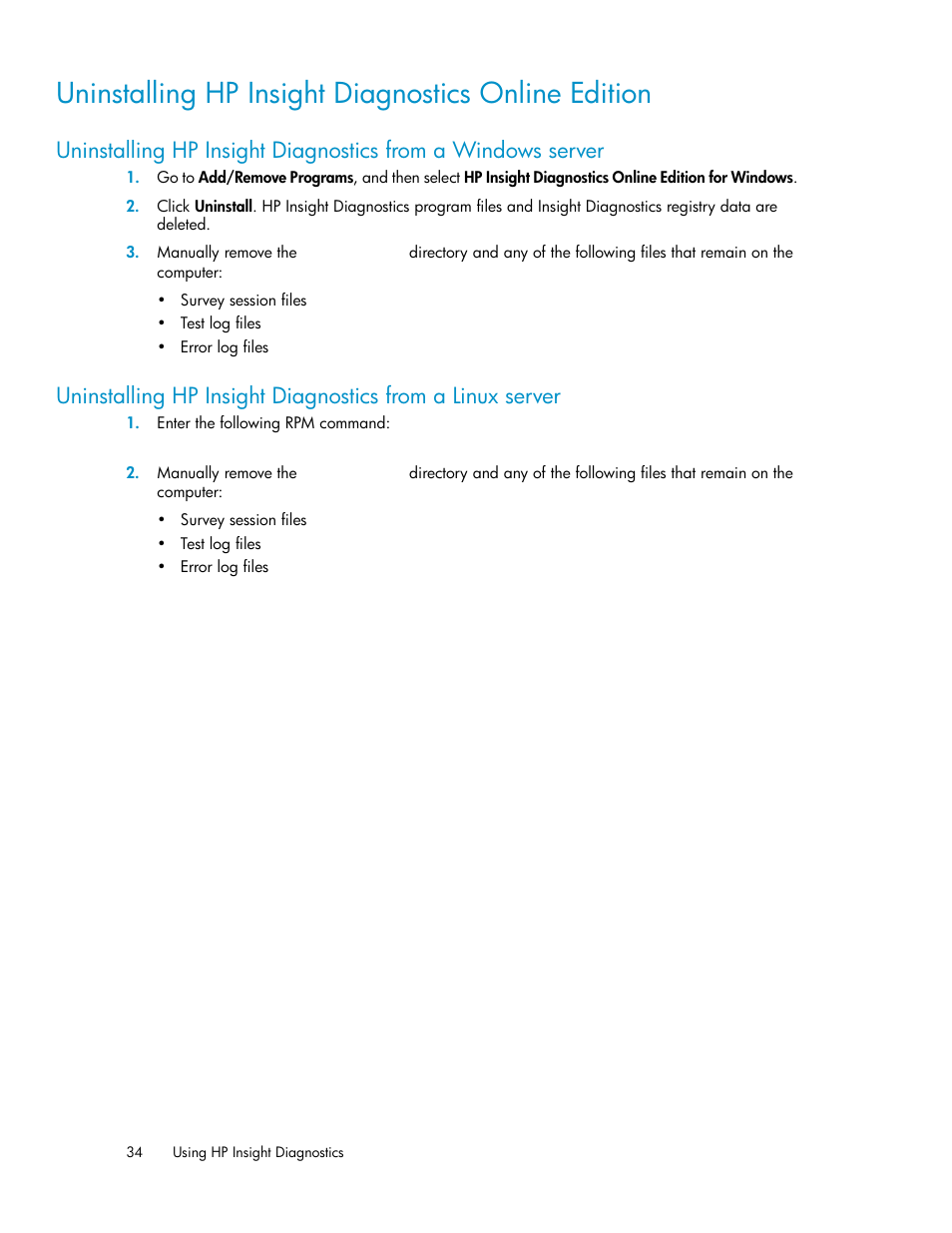 Uninstalling hp insight diagnostics online edition | HP Insight Diagnostics Software User Manual | Page 34 / 44