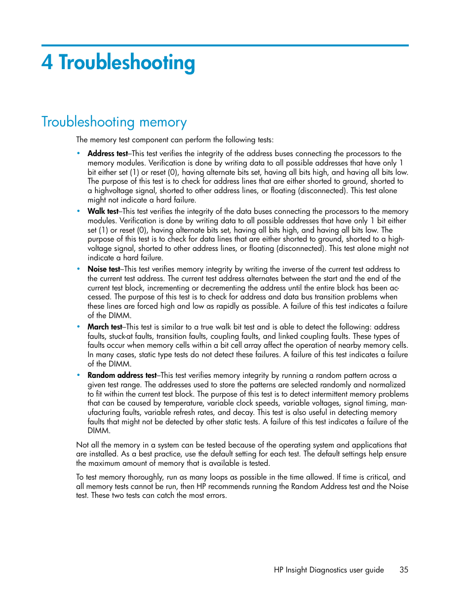 4 troubleshooting, Troubleshooting memory | HP Insight Diagnostics Software User Manual | Page 35 / 44