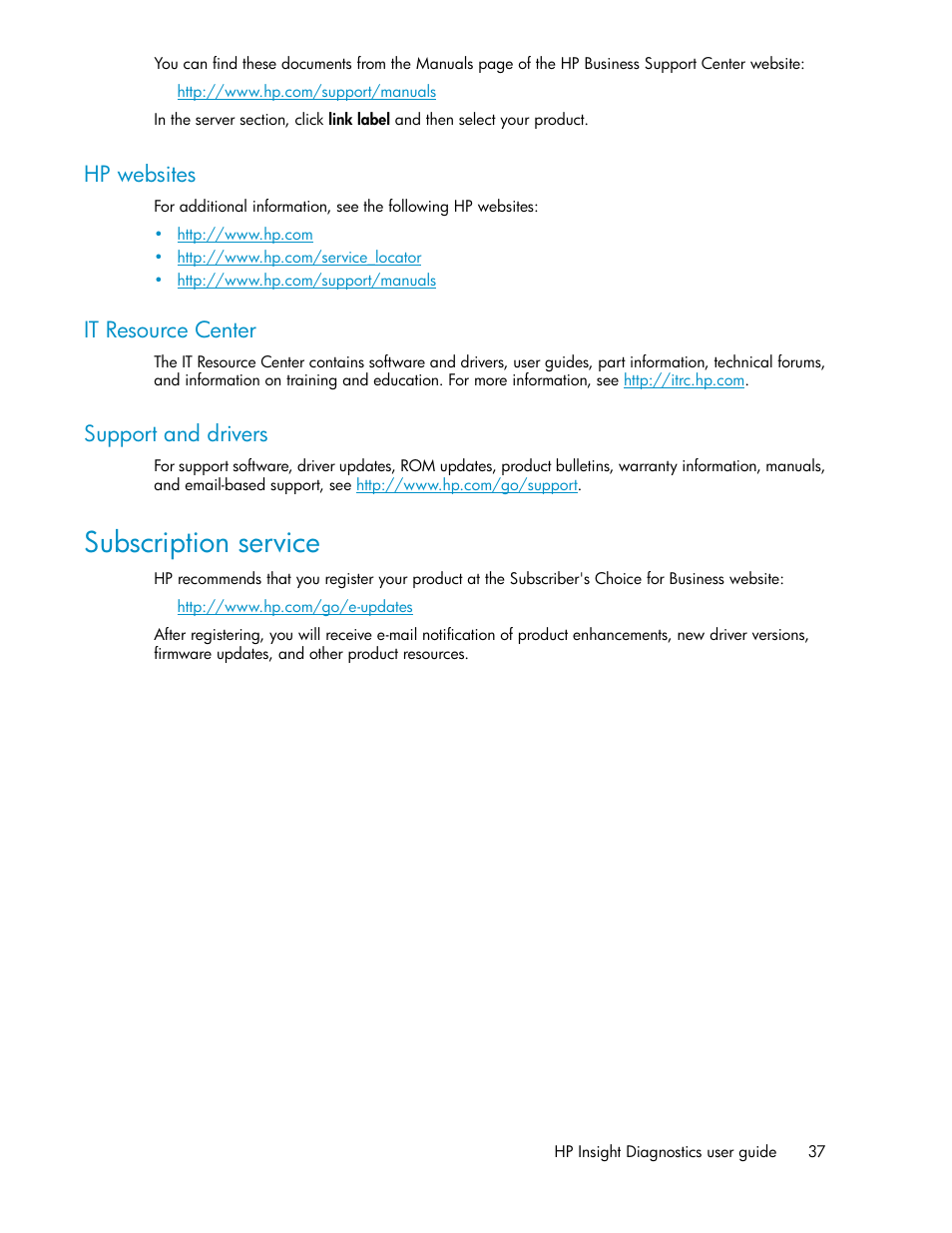 Hp websites, It resource center, Support and drivers | Subscription service, 37 it resource center, 37 support and drivers | HP Insight Diagnostics Software User Manual | Page 37 / 44