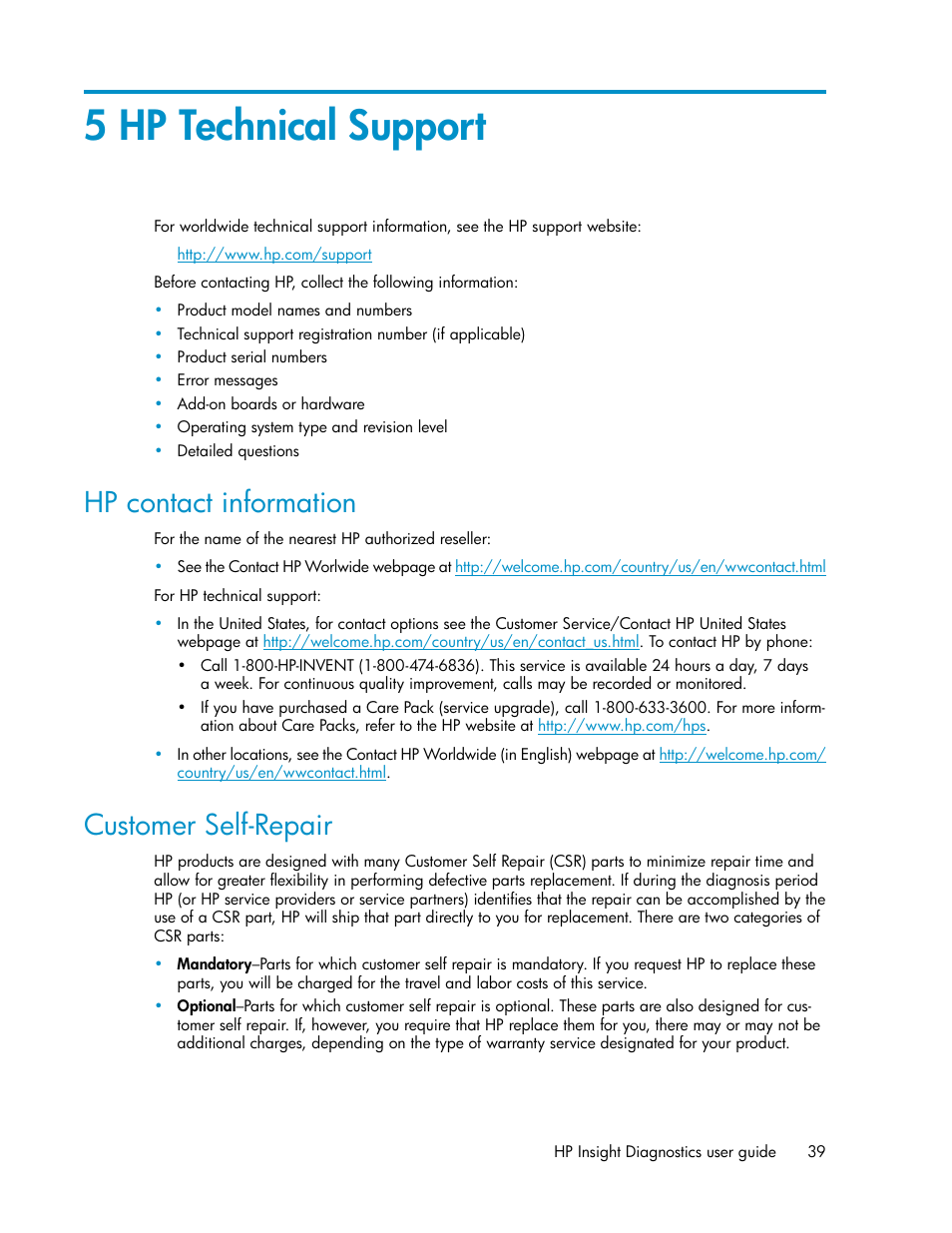 5 hp technical support, Hp contact information, Customer self-repair | 39 customer self-repair | HP Insight Diagnostics Software User Manual | Page 39 / 44