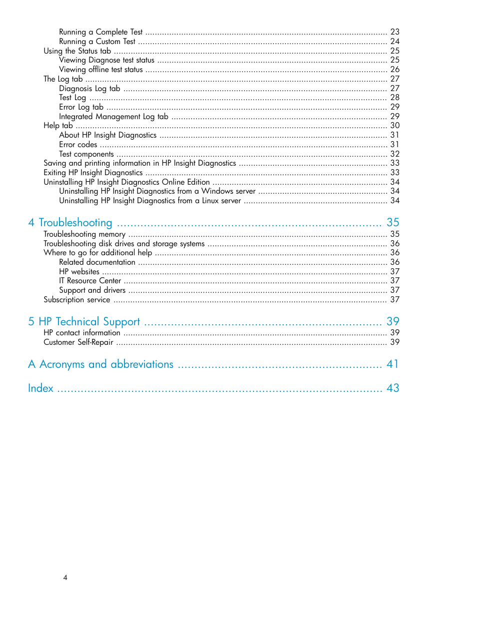 4 troubleshooting, 5 hp technical support, A acronyms and abbreviations index | HP Insight Diagnostics Software User Manual | Page 4 / 44