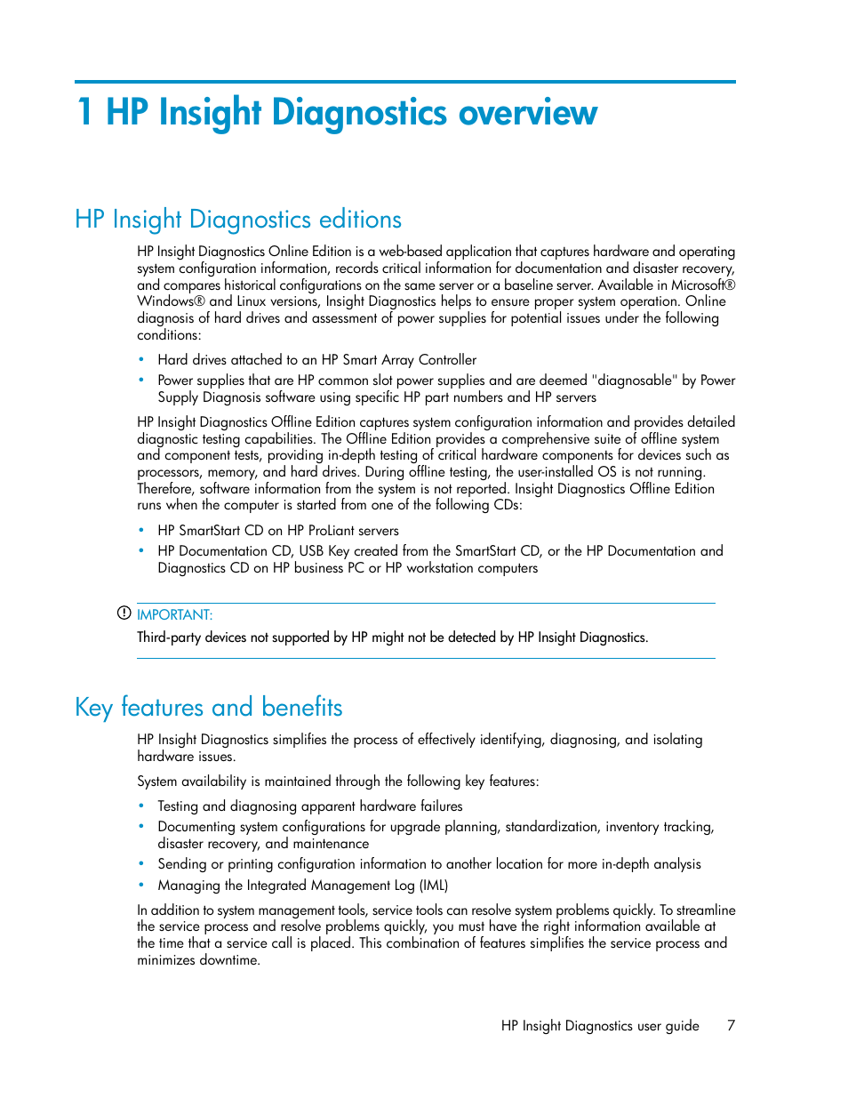 1 hp insight diagnostics overview, Hp insight diagnostics editions, Key features and benefits | 7 key features and benefits | HP Insight Diagnostics Software User Manual | Page 7 / 44